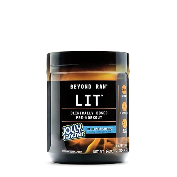 BEYOND RAW LIT | Clinically Dosed Pre-Workout Powder | Contains Creatine, Caffeine, L-Citrulline, Beta-Alanine, and Nitric Oxide | Jolly Rancher Blue Raspberry | 30 Servings