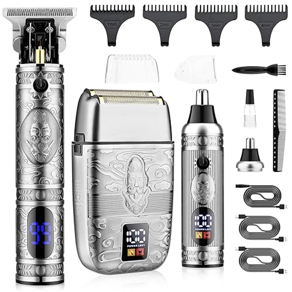 Saoilli Professional Hair Trimmer Hair Clippers for Men, Nose Hair Trimmer Shaver Set,Cordless T-Blade Beard Trimmer Barber Clippers,Electric Razor Foil Shavers for Men Haircut Grooming Kit(Silver)