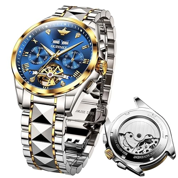 OUPINKE Watches for Mens Automatic Luxury Dress Diamond Skeleton Mechanical Male Watches Two Tone Stainless Steel Watches Business Waterproof Luminous