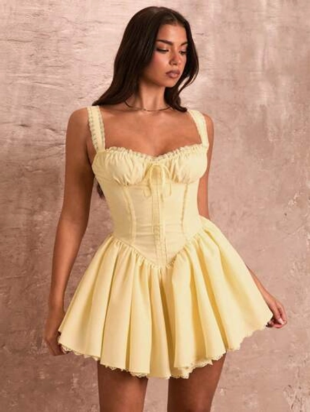 SHEIN BAE Ladies'  Ruched Camisole Style Lace Patchwork Flared Mini Dress,Pastel Dresses For Women