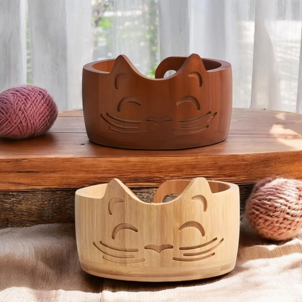 Handmade Wooden Cat Yarn Bowl: Knitting & Crochet Organizer