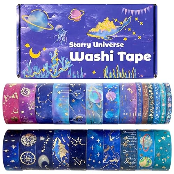 24 Rolls Washi Tape Set - Gold Foil Galaxy Decorative Masking Tape Constellation,Stars,Celestial,Adhesive Tape for Bullet Journal,Diy Craft,Scrapbooking Supplies,Gift Wrapping,Party decoration