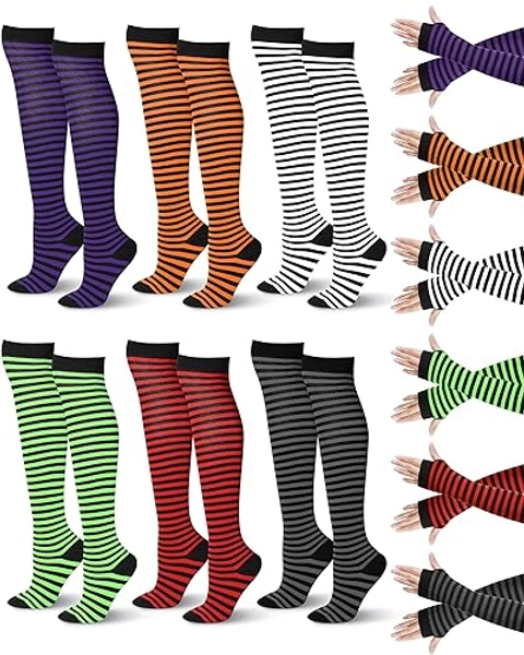 Yahenda 12 Pairs Halloween Long Striped Socks Gloves Set 6 Thigh High Knee Socks 6 Fingerless Arm Warmers (Classic)