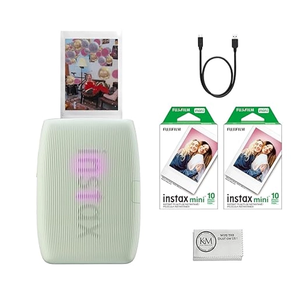 Fujifilm INSTAX Mini Link 3 Smartphone Printer | Sage Green Bundled INSTAX Mini Instant Film | 20 Exposures + Microfiber Cleaning Cloth (3 Items)