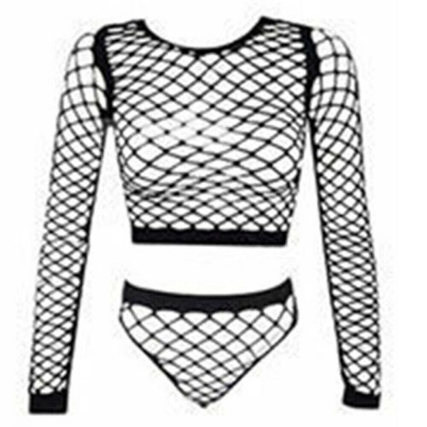 Women Black Long Sleeve Mesh Perspective Fishnet Crop Bodysuit Top + Panty