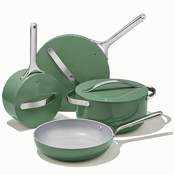 Caraway Nonstick Ceramic Cookware Set (12 Piece) Pots, Frying Pans, 3 Lids and Kitchen Storage - Non Toxic PFAS & PFOA Free - Oven Safe Ceramic Pan Set & Compatible with All Stovetops - Sage