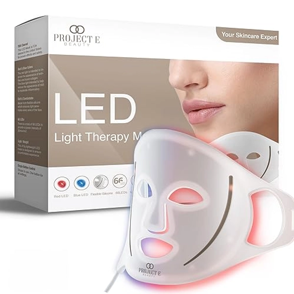 LED Light Therapy Mask by Project E Beauty | Silicone Face Facial Mask | Red Blue Light Skin Rejuvenation Anti-Aging | Remove Reduce Wrinkles Spot Scars Acne | Home Spa Treatment Skincare Device