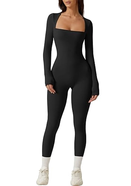 QINSEN Womens Sexy Square Neck Long Sleeve Full Length Leggings Bodycon Stretch Jumpsuit