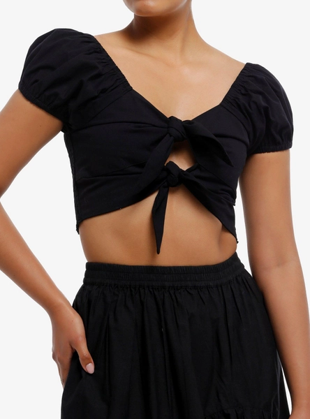 Cosmic Aura Black Tie-Front Girls Crop Top - M