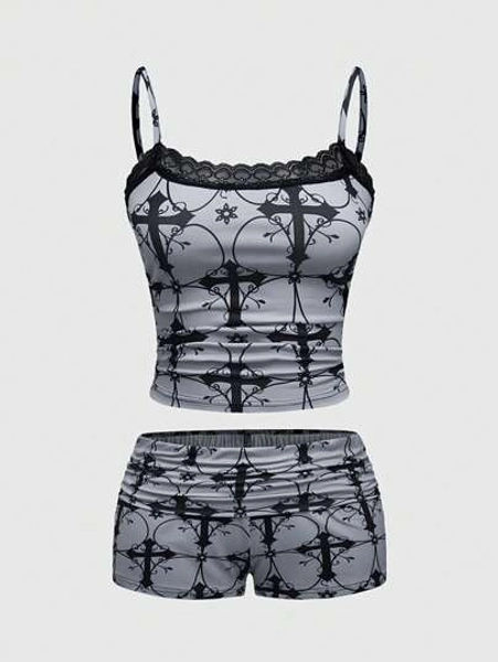 ROMWE Goth Gothic Cross Graphic Camisole & Shorts Pajama Set, Casual Sleepwear
