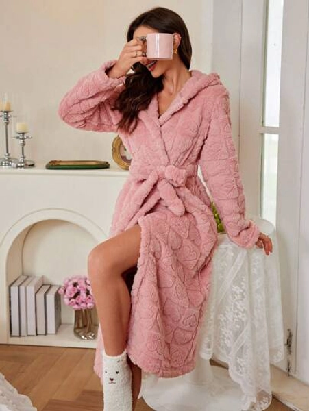 Heart Jacquard Plush Lovely Robe For Women, Autumn & Winter