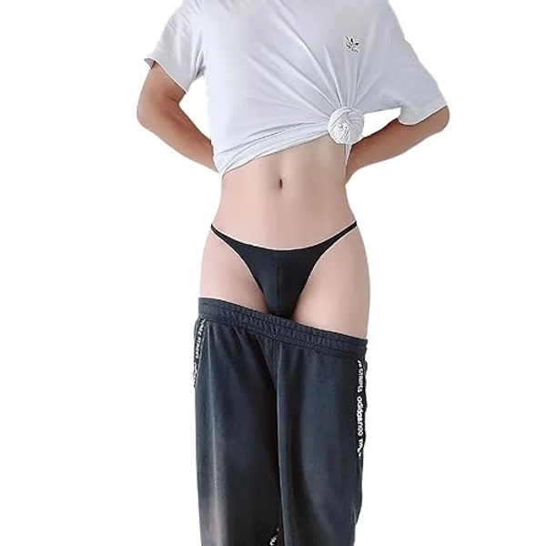 WOWSKY Men's Nylon Thongs - Seamless T-Back, Sexy Low Rise Briefs, G-String Bulge Pouch Underwear Black