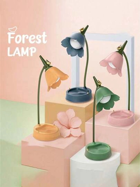Creative New USB Charging Touch-Control LED Eye Protection Student Reading Desk Lamp With Phone Holder, Foldable Soft Night Light, 3-Color Dimming & Infinite Dimming, Flower & Bird Design
