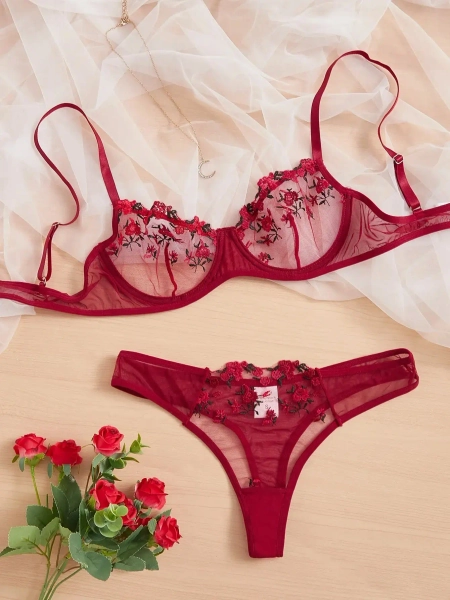 Sheer Floral Embroidered Lingerie Set