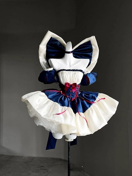 [$84.00]Blue & White Basque Waist Sweet Lolita Dress with Large Bow and Red Ribbon Accents