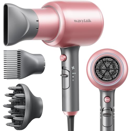 Wavytalk Ionic Hair Dryer with Diffuser and Concentrator, Lightweight Quiet Blow Dryer, Powerful 1875 Watt Motor for Smooth and Fast Drying Hair, Rose Pink - Bright RosePink
