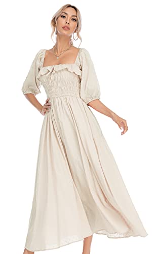 R.Vivimos Women Summer Half Sleeve Cotton Ruffled Vintage Elegant Backless A Line Flowy Long Dresses - Large - beige