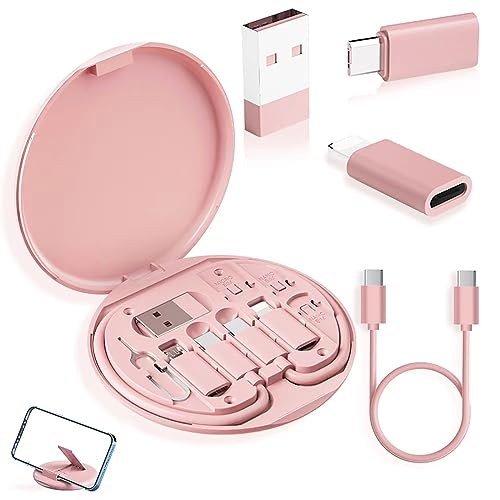 YANZIE USB Adapter, Micro USB Charging Cable with USB C Lightning Adapter, Lightning to USB C Adapter, Multi Charging Cable Storage Box Contains SIM Card Holder - Pink