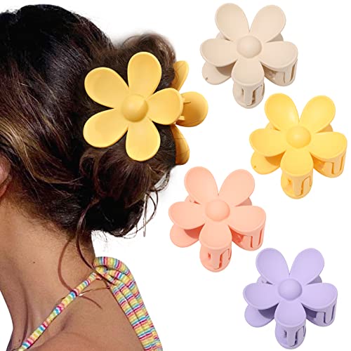 Flower Cute Hair Claw Clips - 4Pcs Flower Hair Clip Nonslip Strong Hold Hair 3 Inch Matte Small Flowers Claw Clips for Women and Girls((Yellow+Purple+Pink+Khaki)) - (Yellow+Purple+Pink+Khaki)