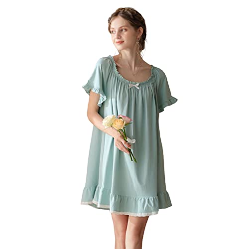 COSOSA Women's Vintage Nightgowns Cotton Victorian Sleepwear Short Sleeve Princess Nightdress - Peacock Blue - X-Large