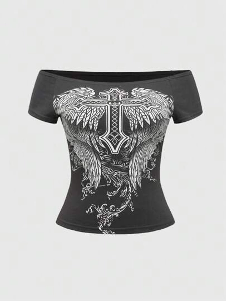 ROMWE Grunge Punk Women's Summer Cross Wings Printed Off Shoulder Short Sleeve Casual T-Shirt, School