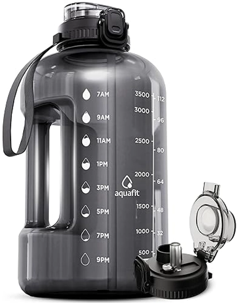 AQUAFIT 128 oz Water Bottle with Time Marker, BPA Free 1 Gallon Water Bottle with Straw, Gym Water Bottle with Handle, Gallon Water Jug, Big Water Bottle, Large Water Bottle (Gray, 128oz 2in1 Lid)