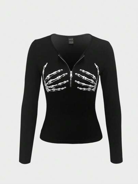 SHEIN ChicEase Halloween Skeleton Print Zip Collar Long Sleeve Casual T-Shirt Graphic Tees Women Tops For Spring Outfit