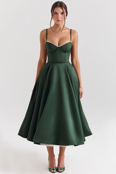 Mademoiselle Forest Green Satin Tulle Midi Dress