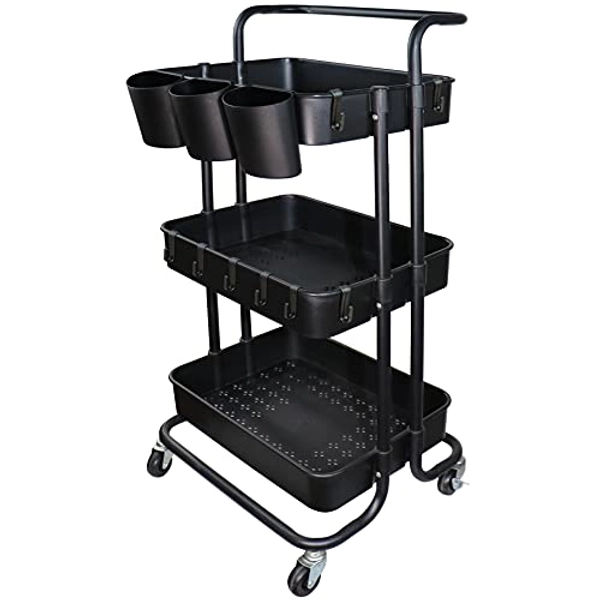 Ceeyali 3-Tier Rolling Utility Cart Storage Shelf Multifunction Organizer Storage Cart with Handle and Lockable Wheels and 3PCS Cup for Home Kitchen,Bathroom,Office,Laundry Room etc. (Black)