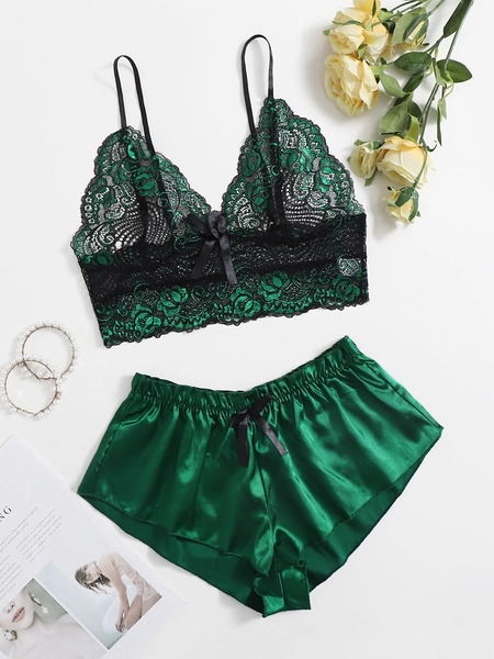 Classic Sexy Floral Lace Bra With Satin Shorts, Lingerie