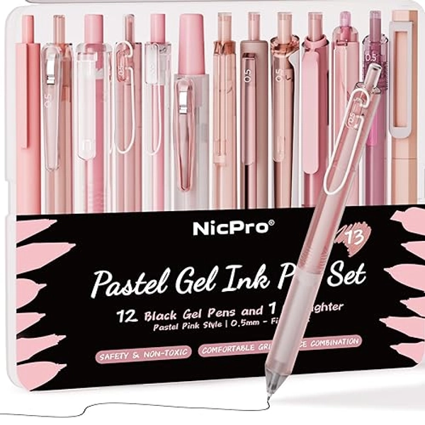 Nicpro 13Pack Pastel Gel Ink Pen Set with Case, Cute Retractable 0.5mm Fine Point Pen, 12 Pink Pens Black Ink with 1 Highlighter, Aesthetic Pens for Student Note Taking,Writing,Office Supplies (Pink)