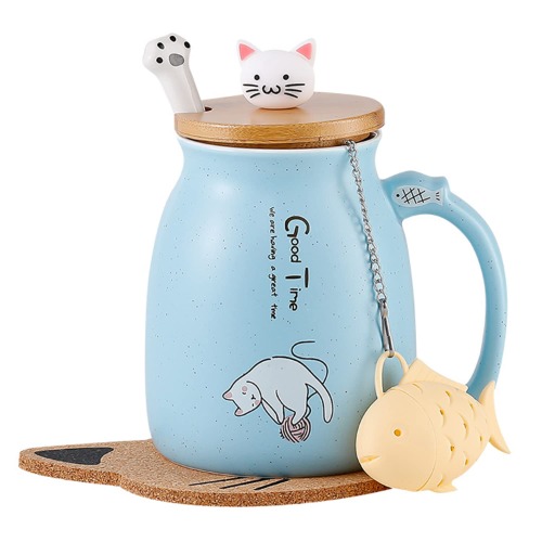 Cat Mug Cute Ceramic Coffee Cup with Lovely Kitty Wooden lid Stainless Steel Spoon,Novelty Morning Cup Tea Milk Christmas Mug 380ML (Blue)