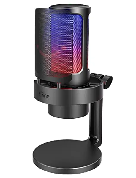FIFINE Gaming Microphone, USB PC Mic for Streaming, Podcasts, Recording, Condenser Computer Desktop Mic on Mac/PS4/PS5, with RGB Control, Mute Touch, Headphone Jack, Pop Filter, Stand-AmpliGame A8