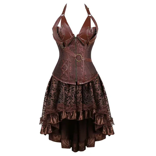 Corsage Dress Steampunk Corsage Bustier Women's Pirate Leather Corset Dress Skirt Gothic Lingerie Plus Sizes Halloween Burlesque