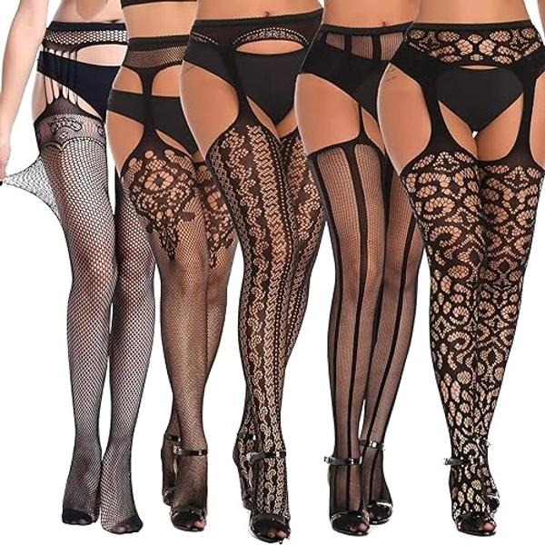 SOUTHRO 5 Pairs Fishnet Thigh High Garter Stockings Patterned Tights for Women,Garter Belt Set & Suspender Pantyhose for Girl