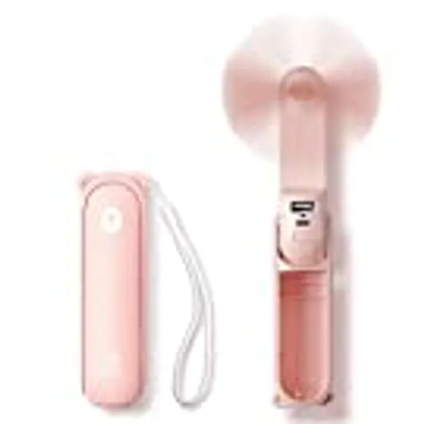 JISULIFE Mini ventilateur portatif, ventilateur à main 3 en 1, ventilateur de poche rechargeable, ventilateur à piles [14-21 heures de travail] avec batterie externe, fonction lampe de poche-rose
