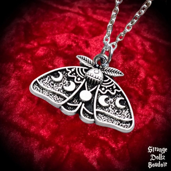 Lunar Moth necklace, Moonphase Celestial Witchy Gothic, Strange Dollz Boudoir