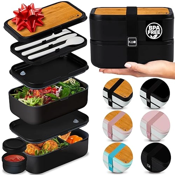 Black Stackable Bento box with Leak-Proof Lids & Dividers