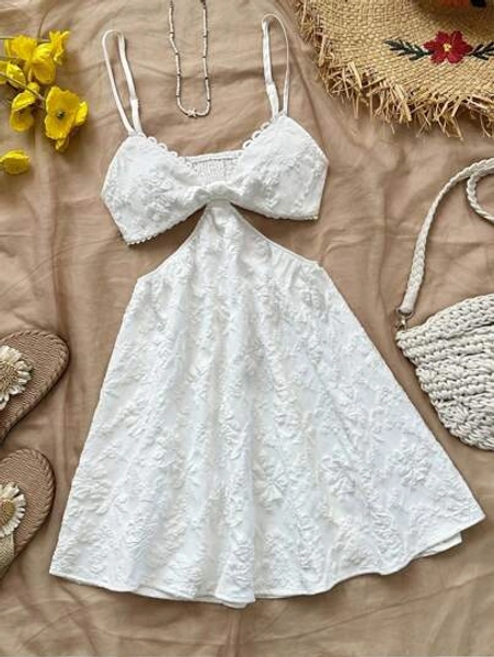 Soleia Women's Resort White Jacquard Textured Hollow Out V-Neck Camisole Dress, Party Wear