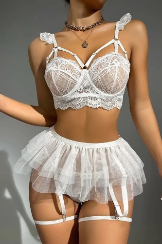 White Lace Mesh Tutu Ruffle Thong Garter Sexy 5Pc Lingerie Set - White / S