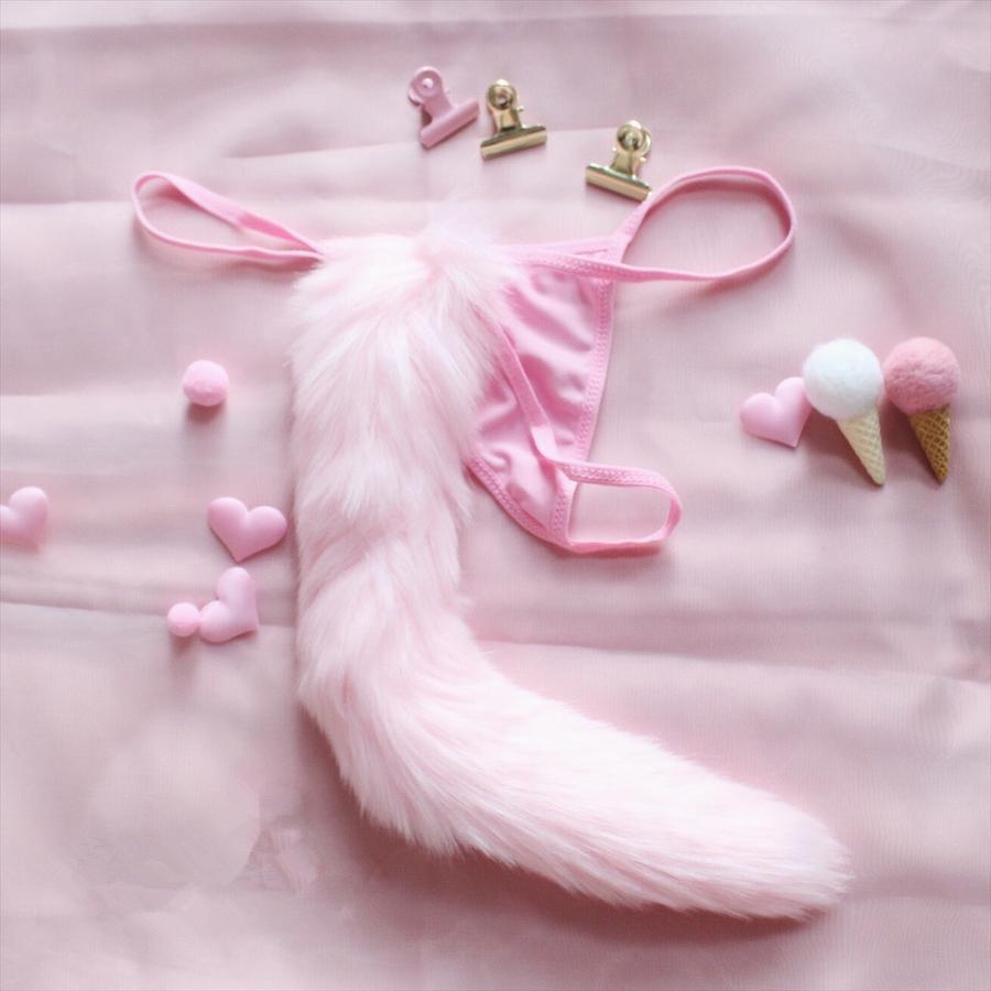 Poofy Bunny Tail Thongs - Pink Fox Tail