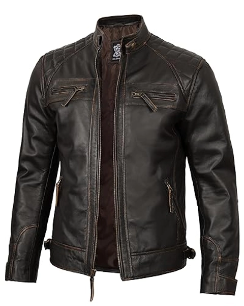 fjackets Real Lambskin Leather Biker Jacket - Quilted Cafe Racer Zip Up Moto Jackets Men