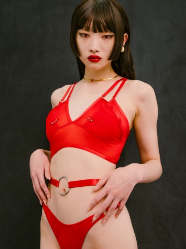 Doing It To Death Layered Mesh Bralette In Red | S