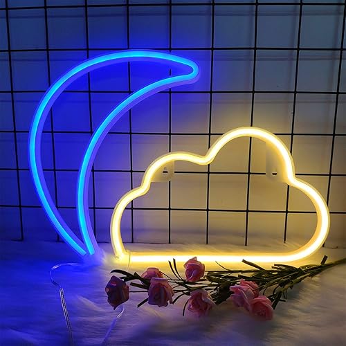 Blue Moon Neon Light Signs + Warm White Cloud Neon Light LED Wall Art Night Light USB/Battery Powered Neon Light Signs Neon Night Light for Home Living Room Halloween Christmas Wedding Party - Style 1