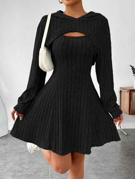 SHEIN EZwear Damen Frühling/Sommer 2 Stücke Set bestehend aus langärmligem Super Crop Top mit tiefer Schulter und Kleid Einfarbig für die Lässig