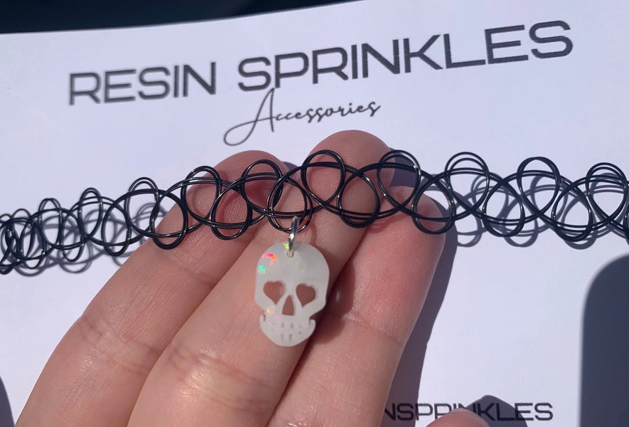 White Holographic Skull Tattoo Choker Necklace | Handmade Gothic Jewelry | Retro 90s Accessories | Emo Gift