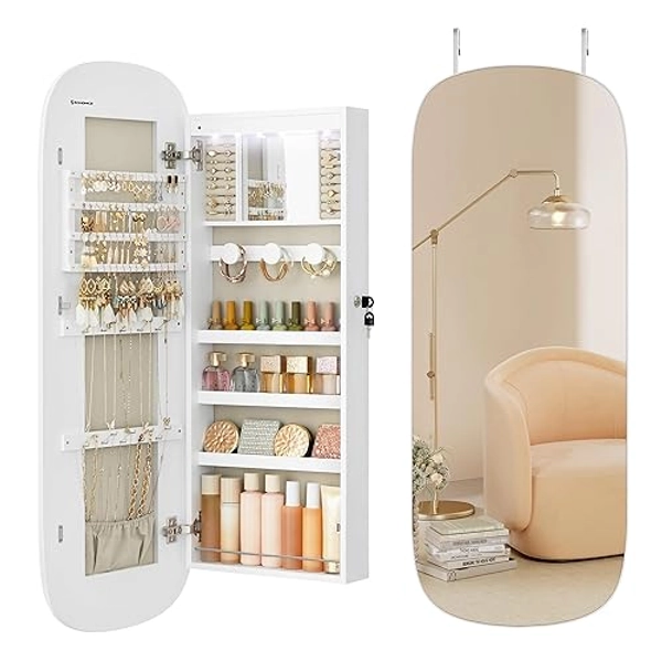 SONGMICS Jewelry Organizer, LED Jewelry Cabinet Wall or Door Mounted, Lockable Rounded Wide Mirror with Storage, Interior Mirror, 3.9 x 16.5 x 42.5 Inches, White Surface with Greige Lining