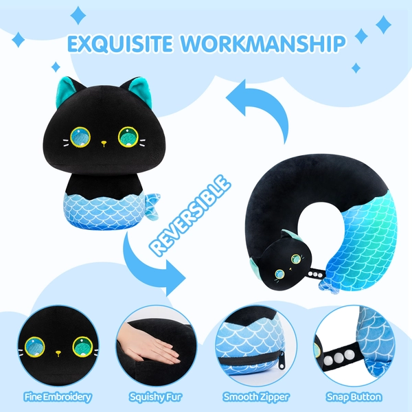 MeWaii® Flip Pillow Mermaid Cat Reversible Throw Pillow Neck Pillow Kawaii Plush Pillow Squish Toy