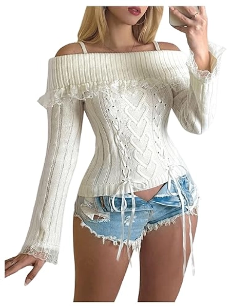MakeMeChic Women's Lace Up Spaghetti Strap Sweater Long Sleeve Lace Trim Knitted Pullovers Top