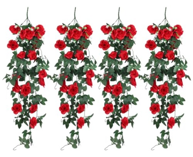 RECUTMS Hanging Rose Flowers Artificial Rose Vine Plants Hanging Flower Garland for Home Room Garden Wedding Indoor Outdoor Decoration (Red) - Red - 4pcs